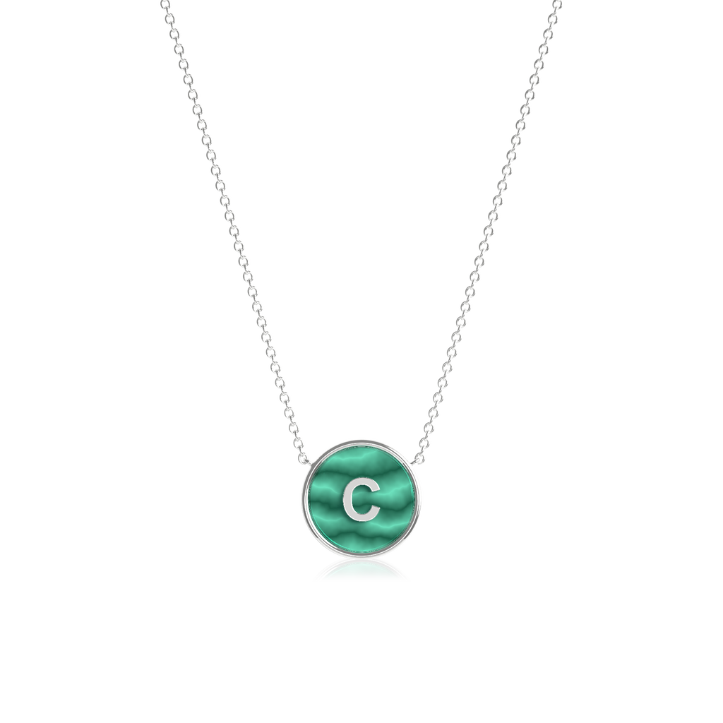Rhodium Plated Silver Malachite Initial Necklace SS25N002R