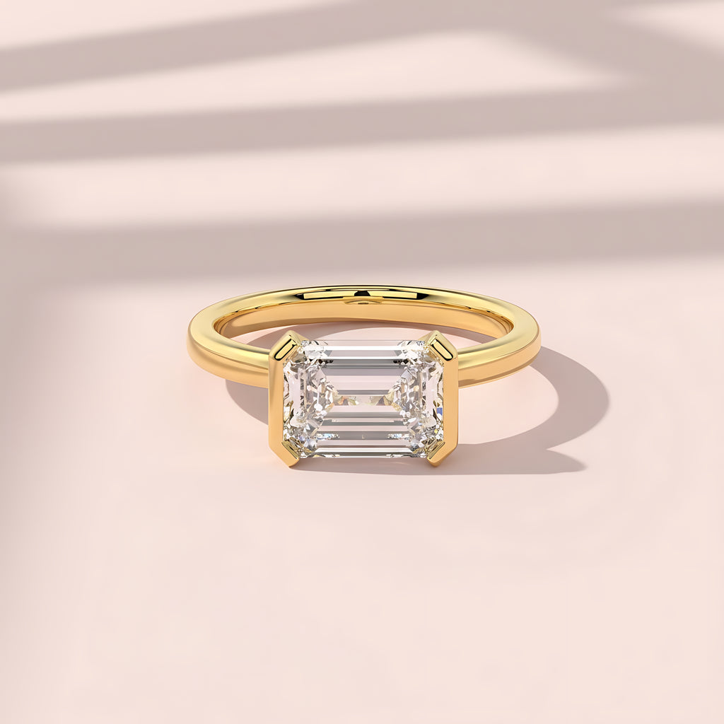 Classic Emerald Half-Bezel Set Diamond Ring in 14K Yellow Gold