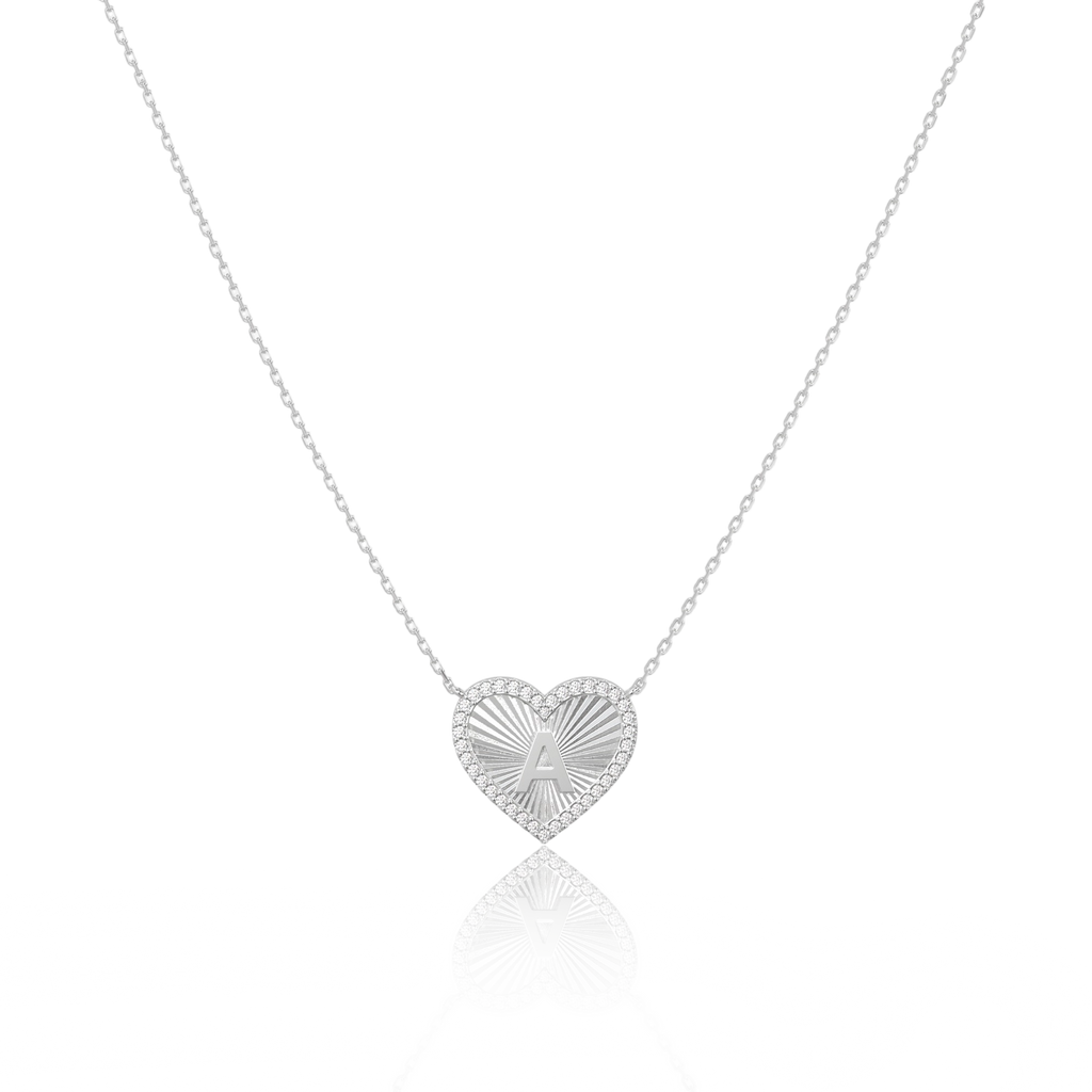Rhodium Plated Heart Initial Necklace（Pleated）AW24N008B