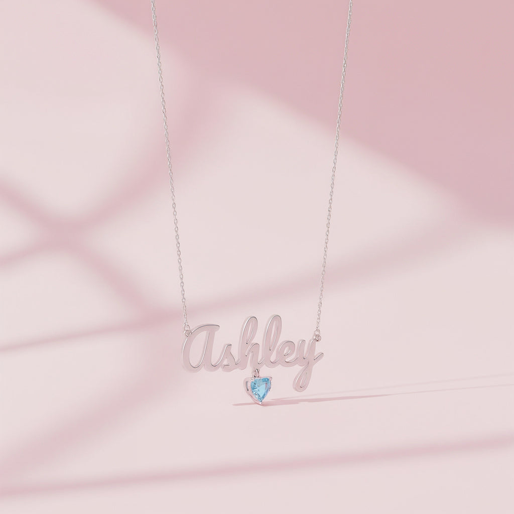 Rhodium Plated Heart Birthstone Name Necklace SN001R