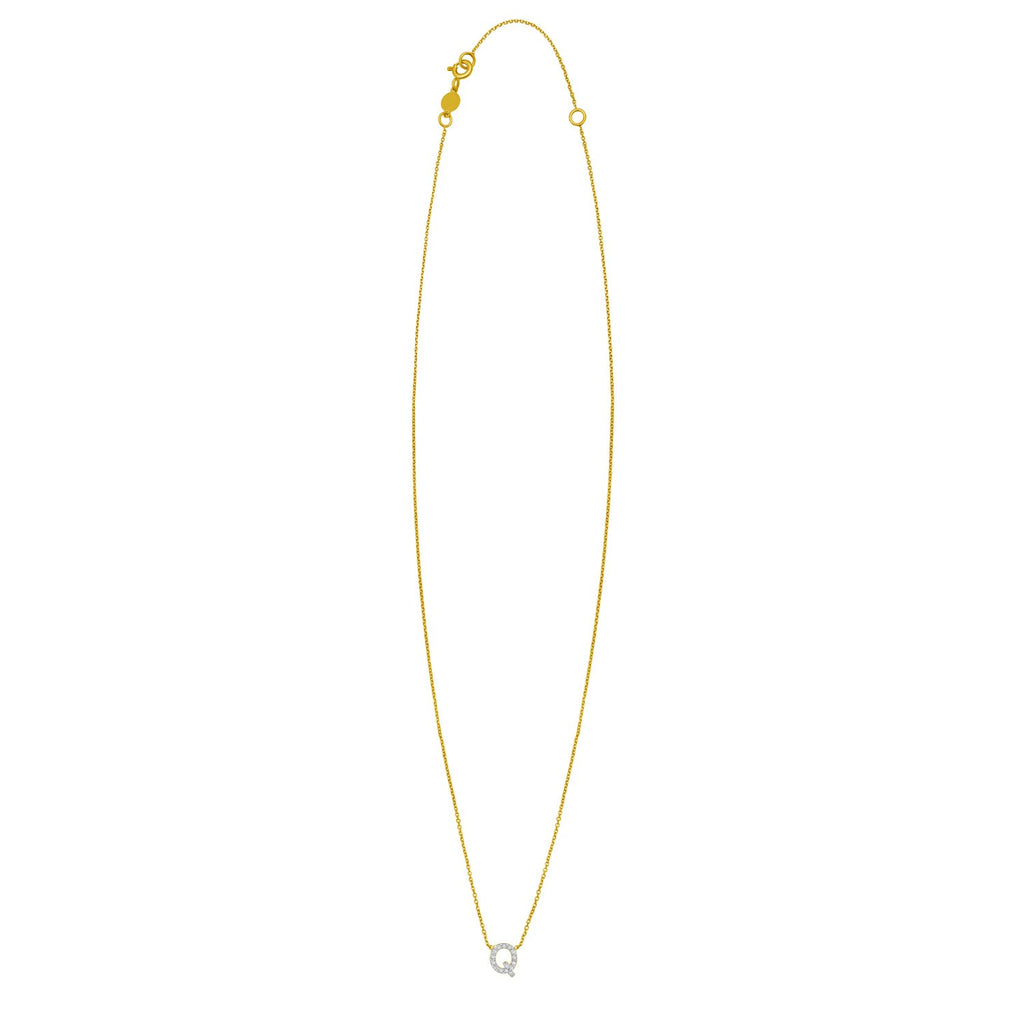 14K Yellow Gold Mini Diamond Q Initial Pendant Necklace