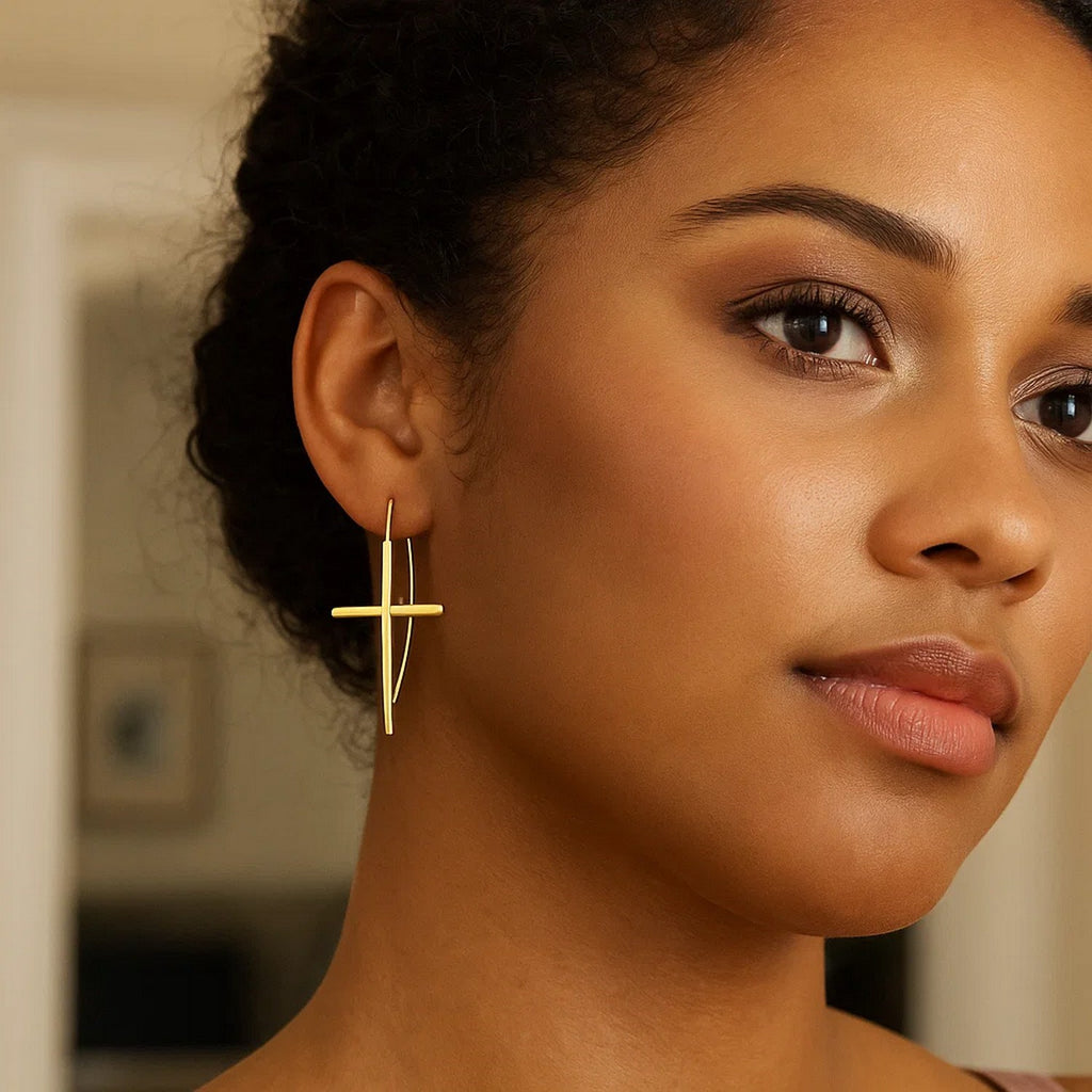 14K Yellow Gold Cross Thread Drop Earrings