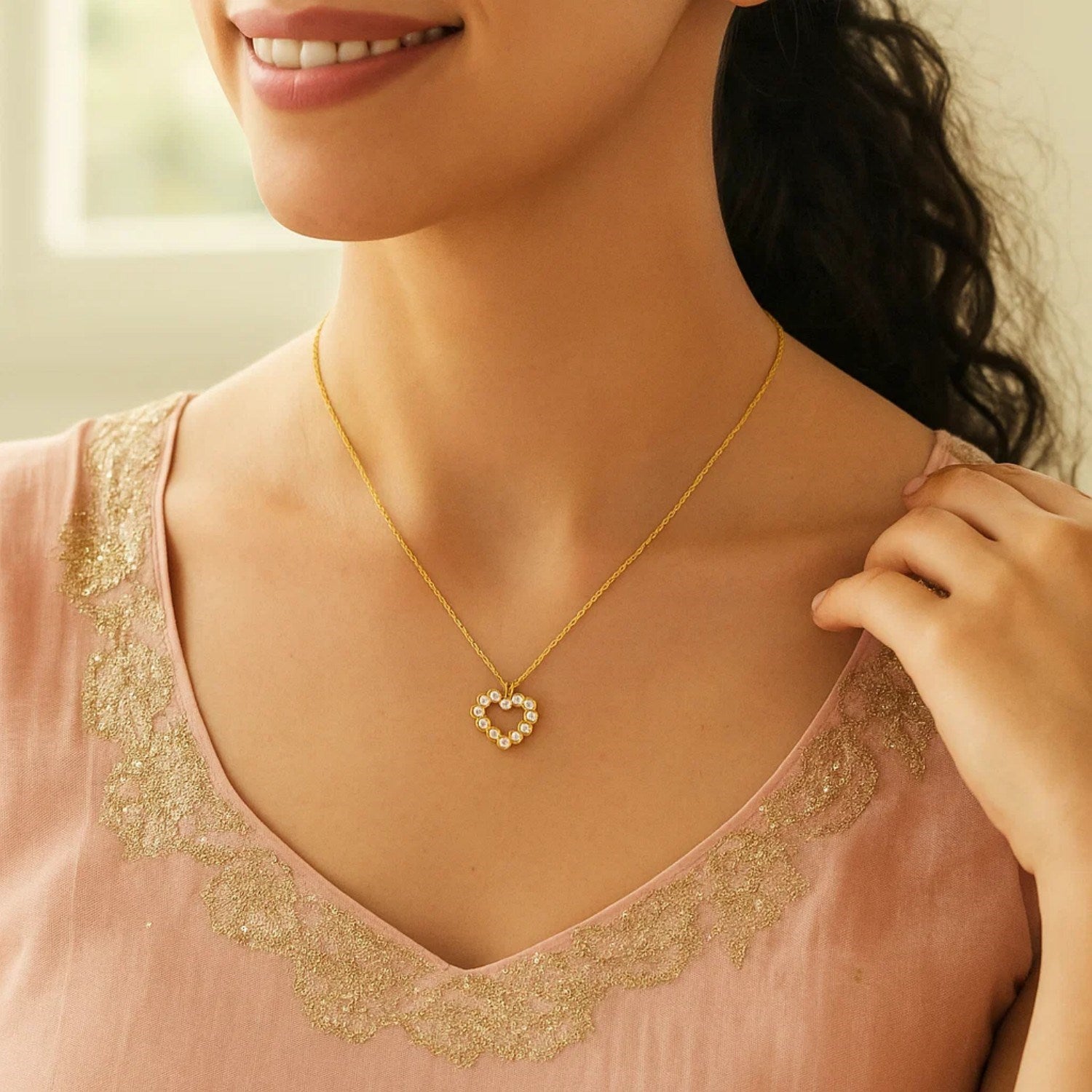 14K Yellow Gold Petite Diamond Heart Necklace