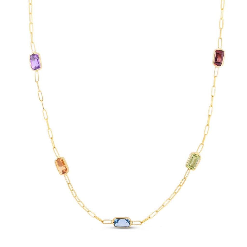 14K Yellow Gold Multi Gemstone Paperclip Necklace (1.50 mm)