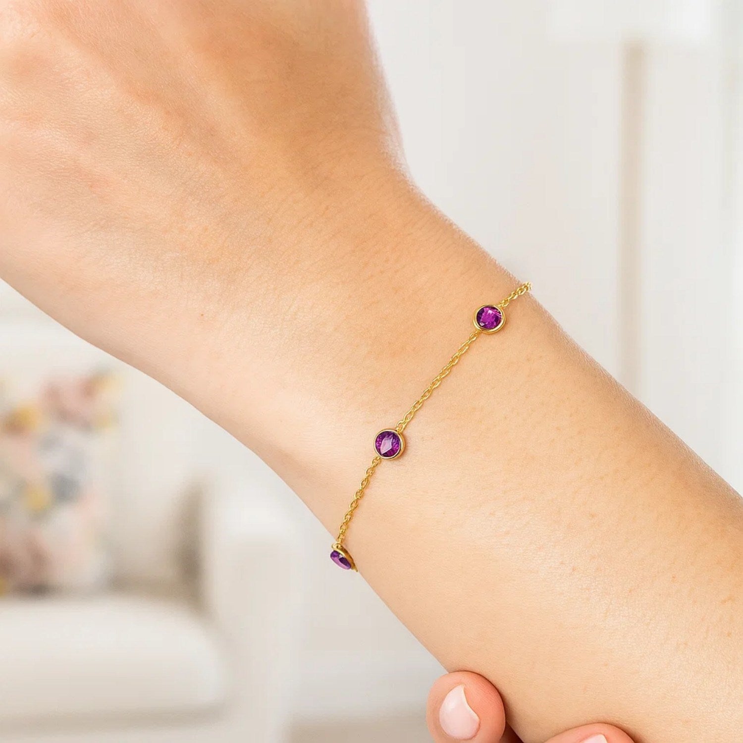 14K Yellow Gold Pink Sapphire Station Bracelet