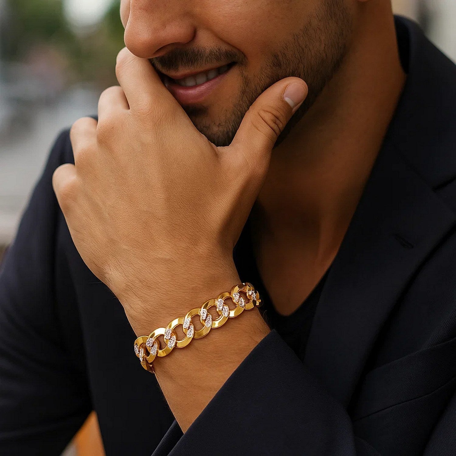 14k Two Tone Gold Pave Curb Bracelet (12.18 mm)