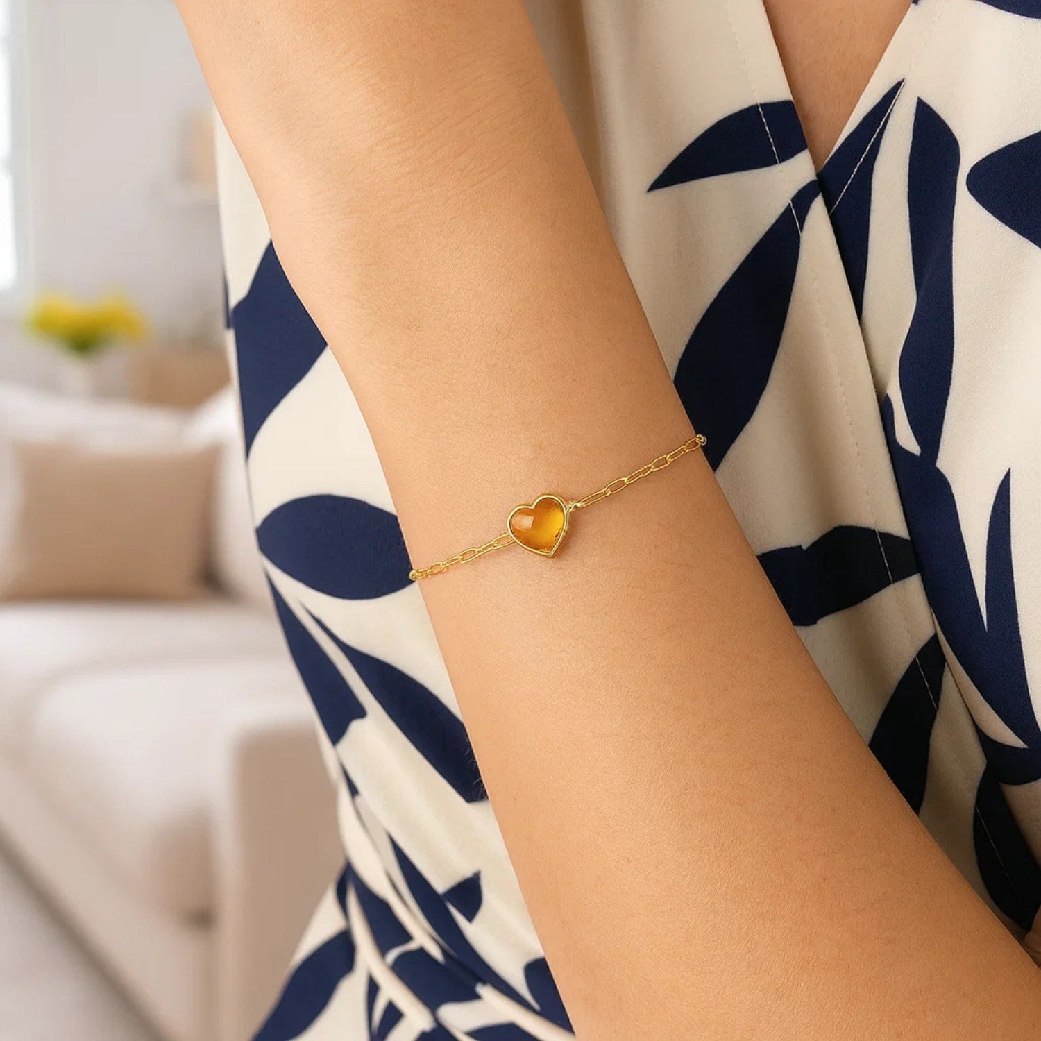 14K Yellow Gold Citrine Heart Bracelet (1.50 mm)