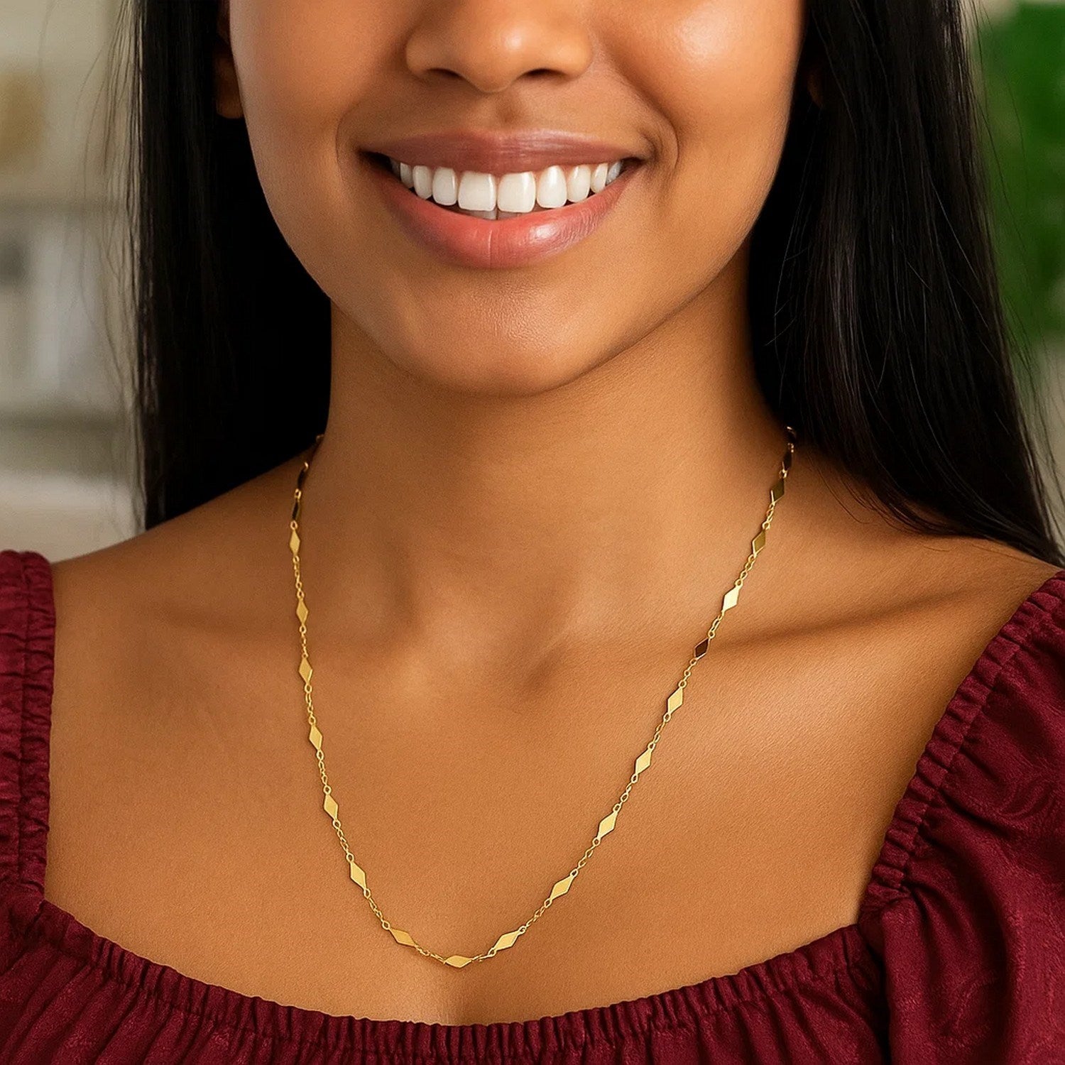 14K Yellow Gold Long Diamond Shape Station Mirror Chain Necklace