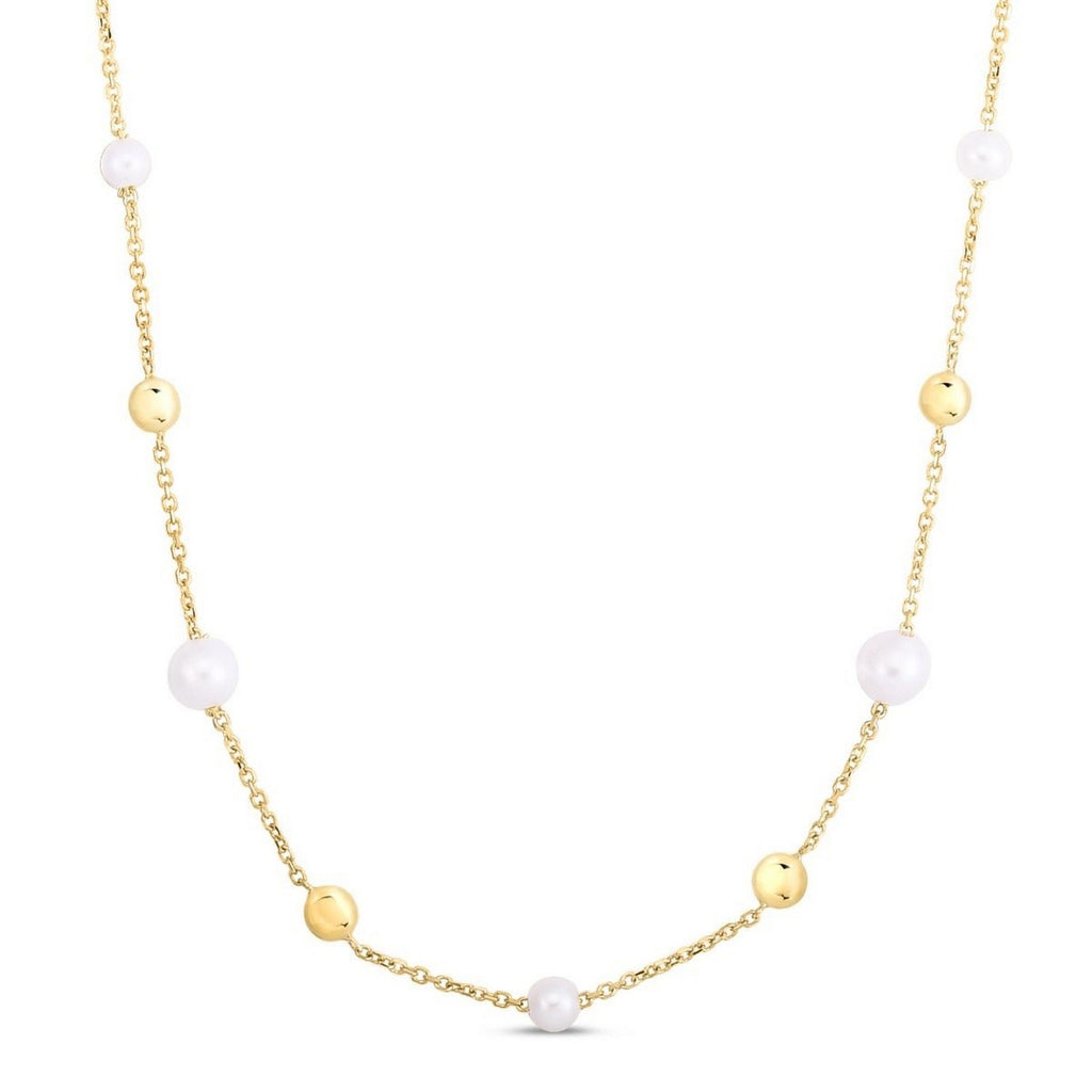 14K Yellow Gold Pearl Bead Tin Cup Station Necklace