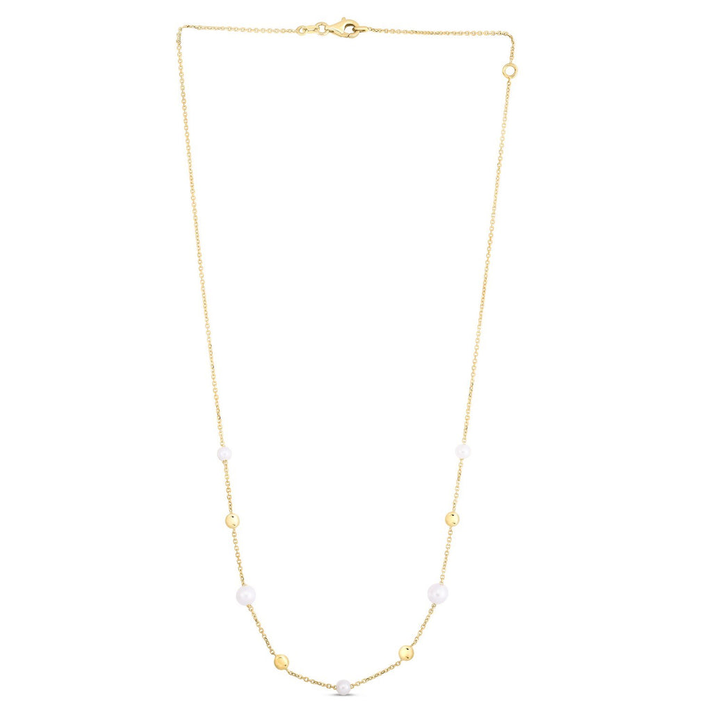 14K Yellow Gold Pearl Bead Tin Cup Station Necklace