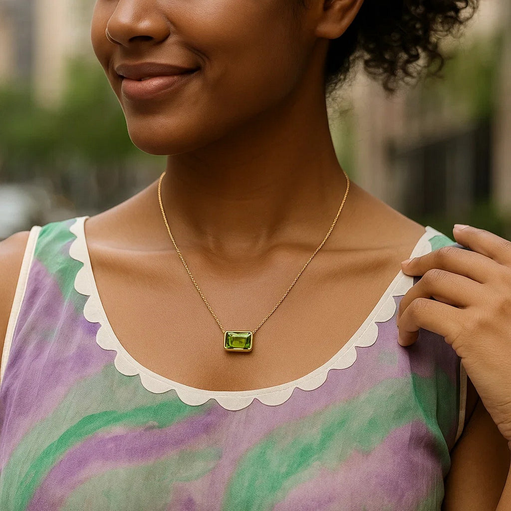 14K Yellow Gold Emerald Cut Peridot Necklace