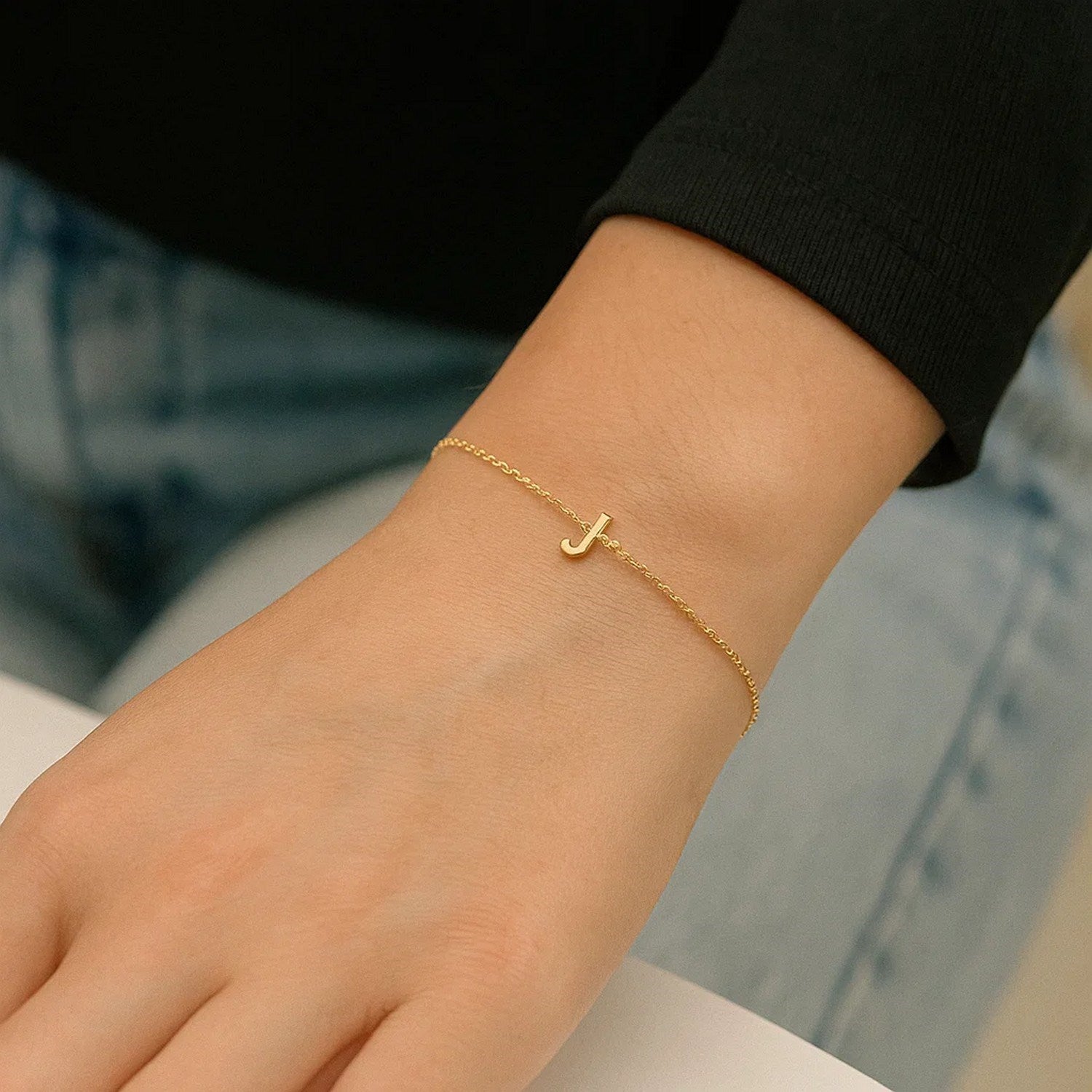 14K Yellow Gold Mini Initial J Bracelet