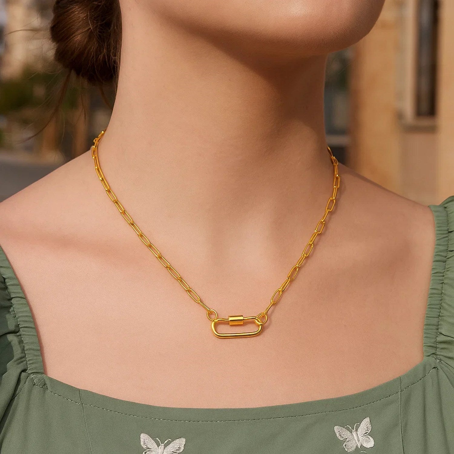14k Yellow Gold Paperclip Chain Necklace with Oval Carabiner Clasp