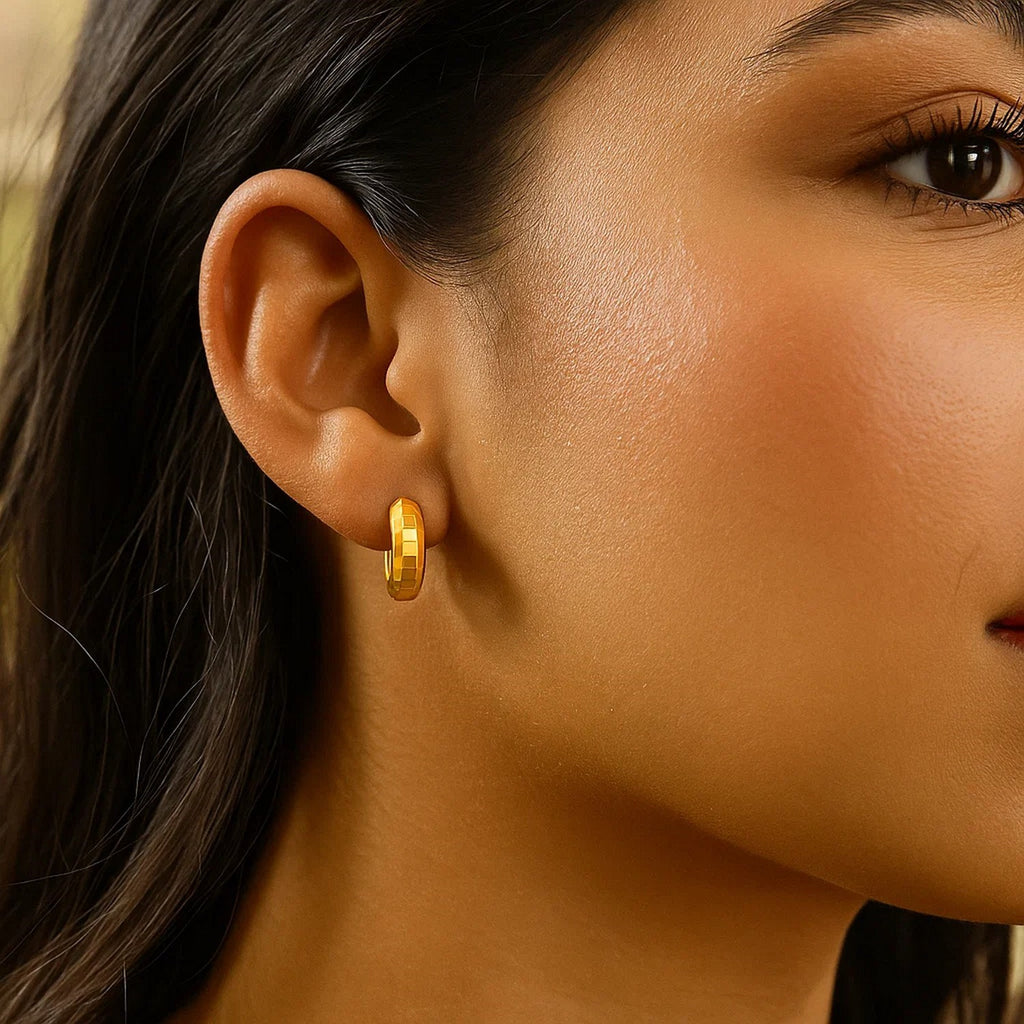 14K Yellow Gold Checkerboard Huggie Hoop Earrings