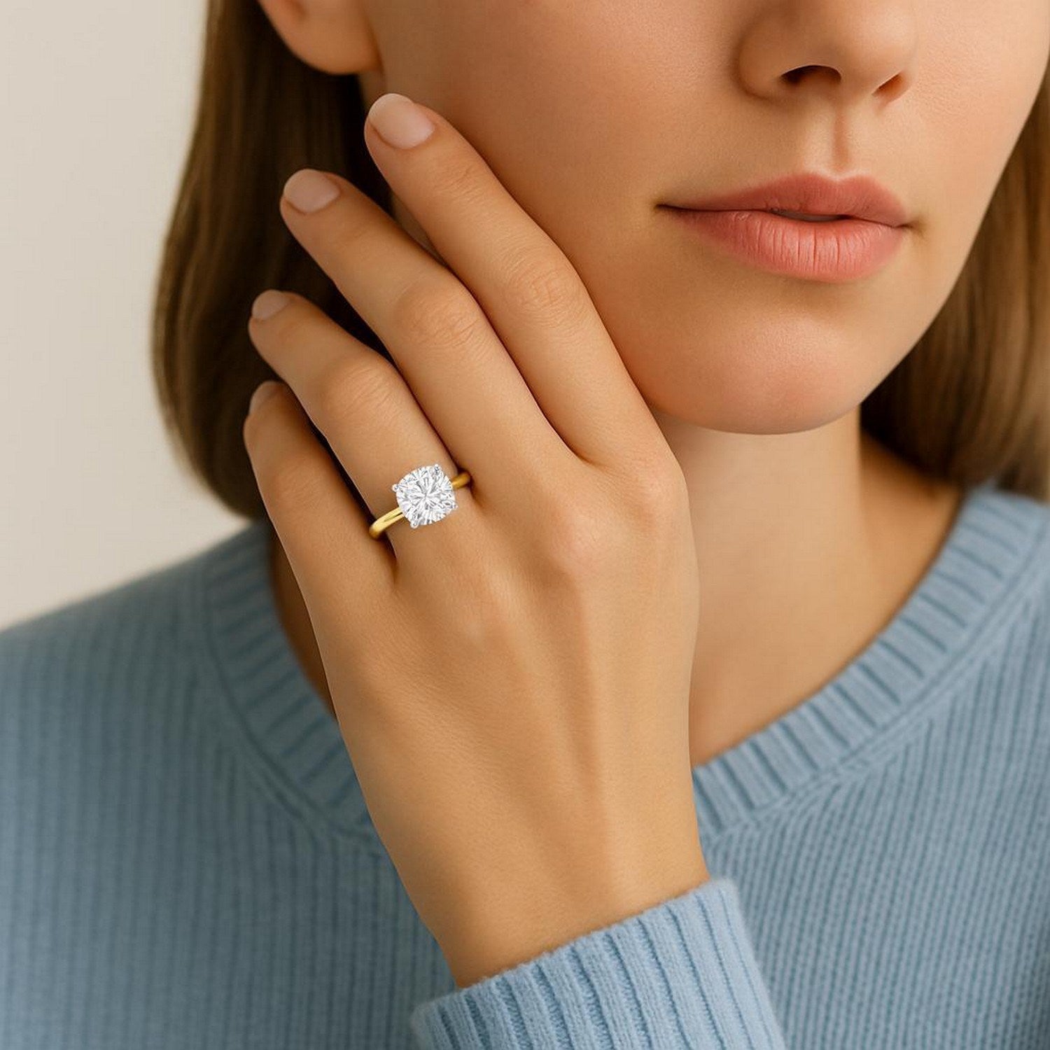 3 Carat Cushion Lab Grown IGI G/VS1 Diamond Solitaire Ring in 10K Yellow Gold