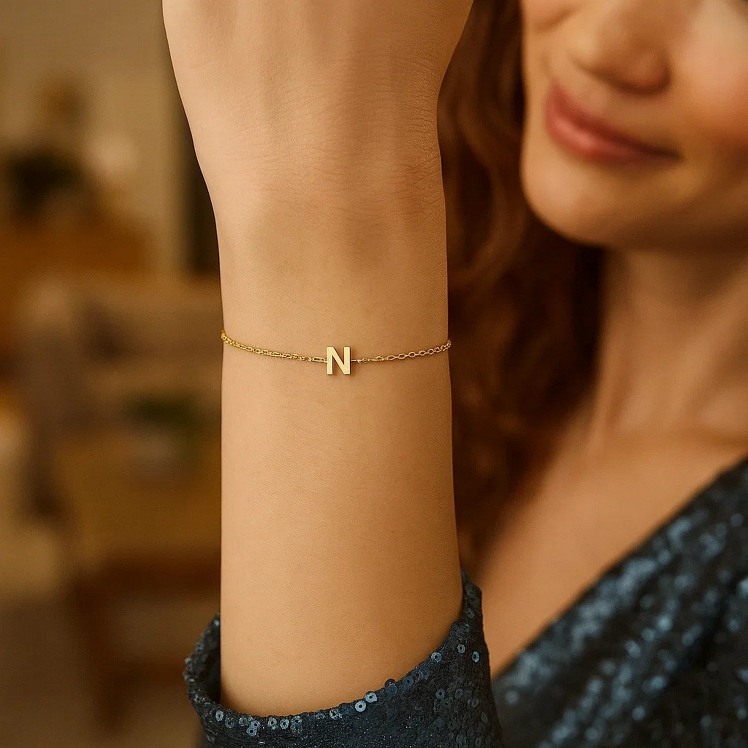 14K Yellow Gold Mini Initial N Bracelet