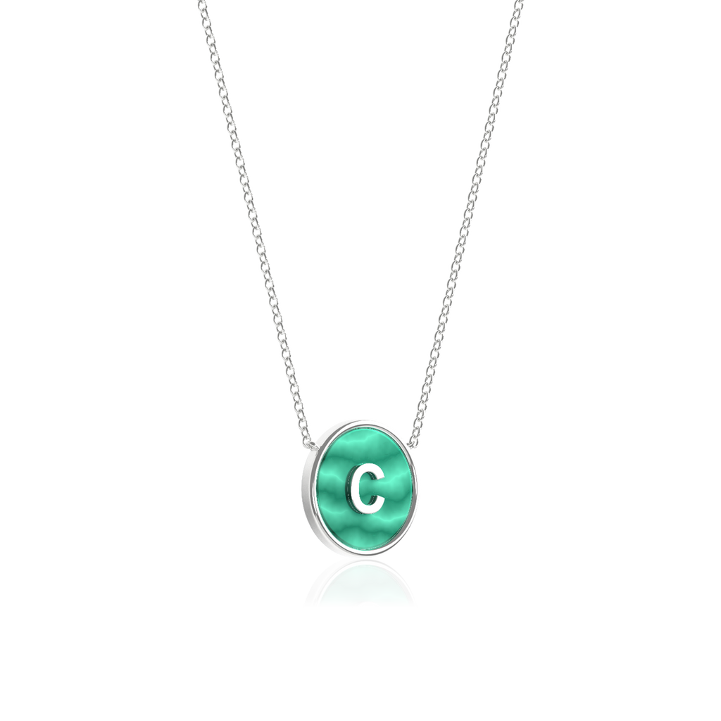 Rhodium Plated Silver Malachite Initial Necklace SS25N002R