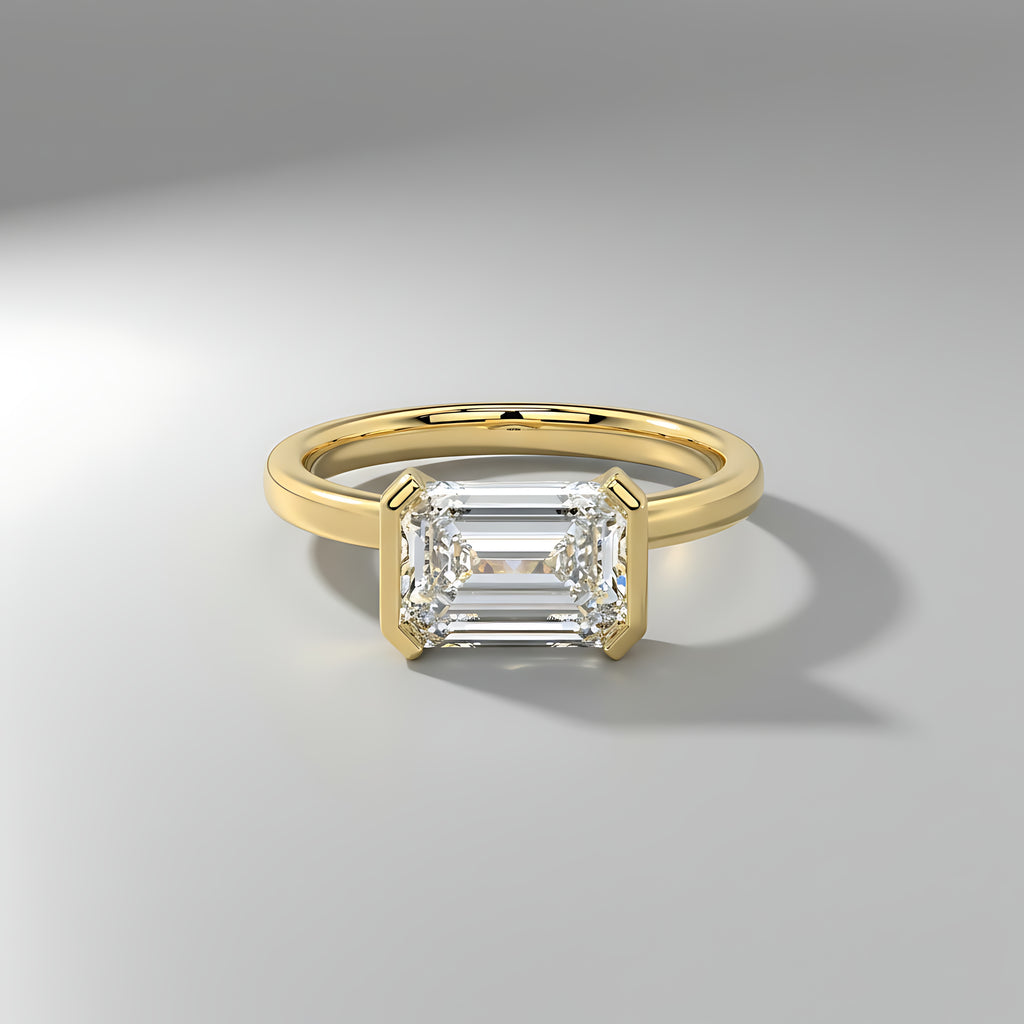 Classic Emerald Half-Bezel Set Diamond Ring in 14K Yellow Gold