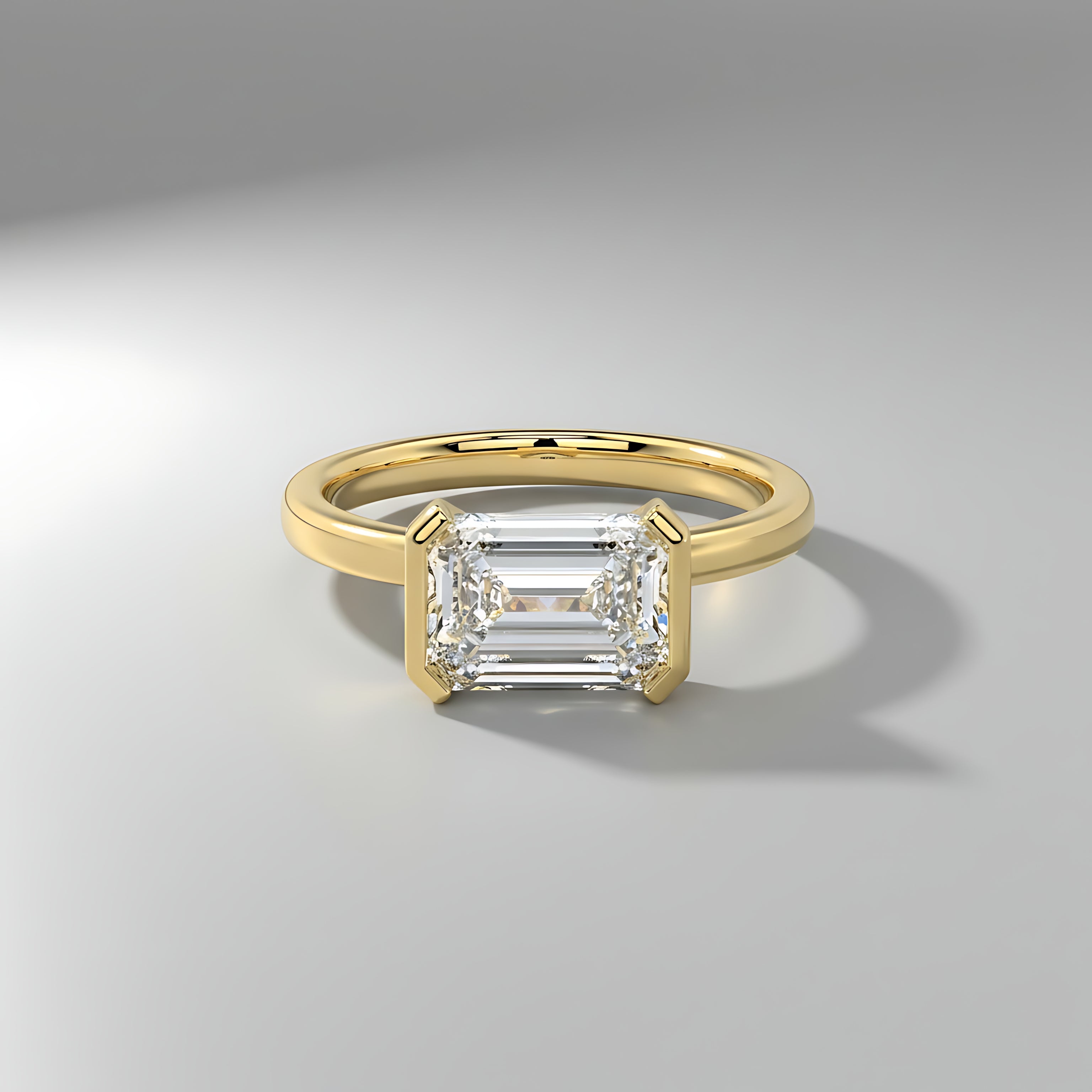 Classic Emerald Half-Bezel Set Diamond Ring in 14K Yellow Gold