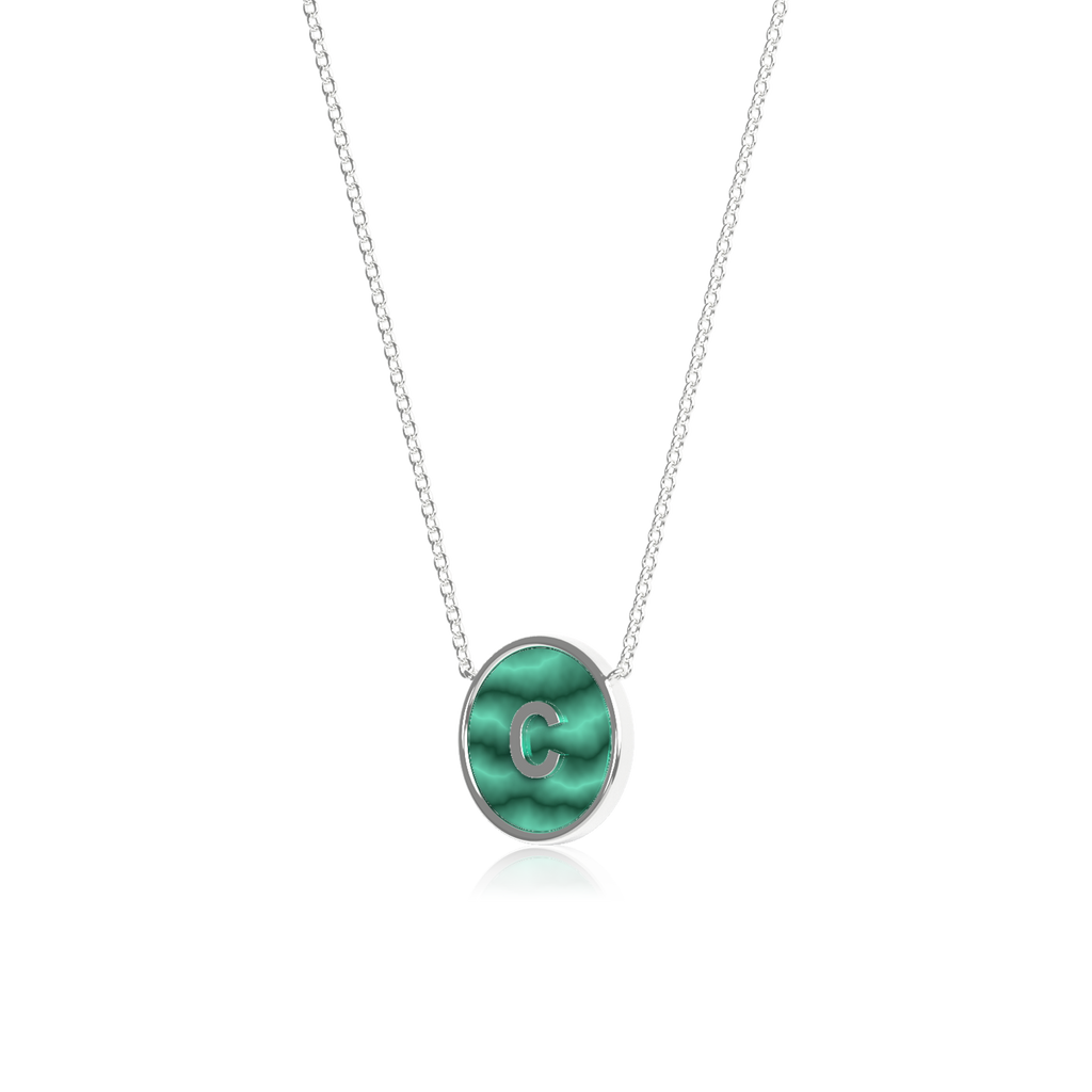 Rhodium Plated Silver Malachite Initial Necklace SS25N002R