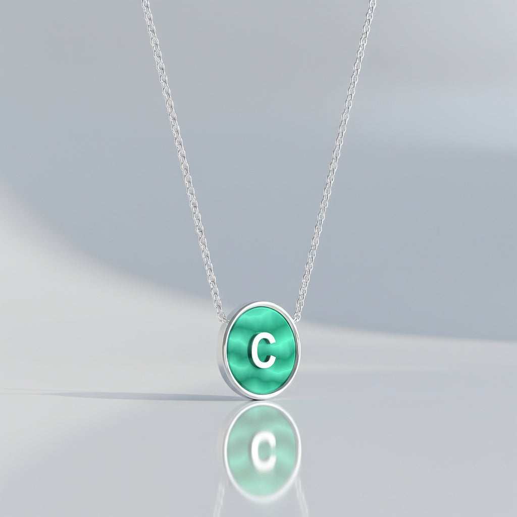 Rhodium Plated Silver Malachite Initial Necklace SS25N002R